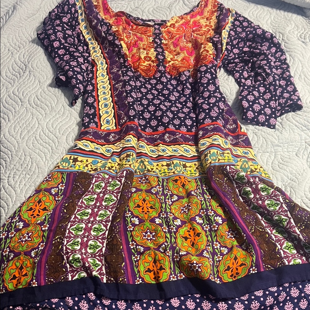 Boho Floral Patchwork Tunic Dress in Purple & Orange